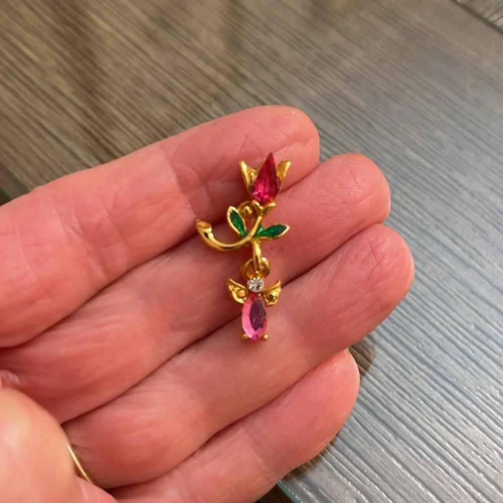 Vintage Tulip with a Dangling Angel Charm Gold-tone with Pink Rhinestones